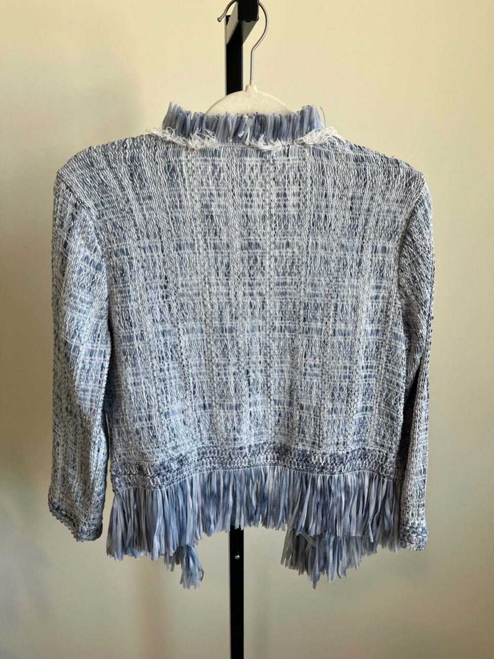White House Black Market Blue Fringe Cardigan Open Front Tweed Jacket Size M - Picture 5 of 12